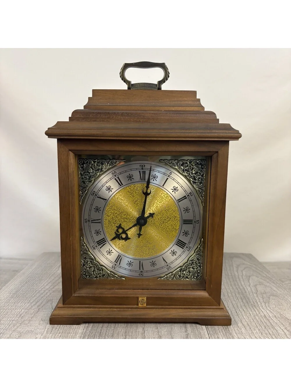 Hermle Quartz Mantel Clock Walnut Case West Germany Gold Dial Roman Numerals